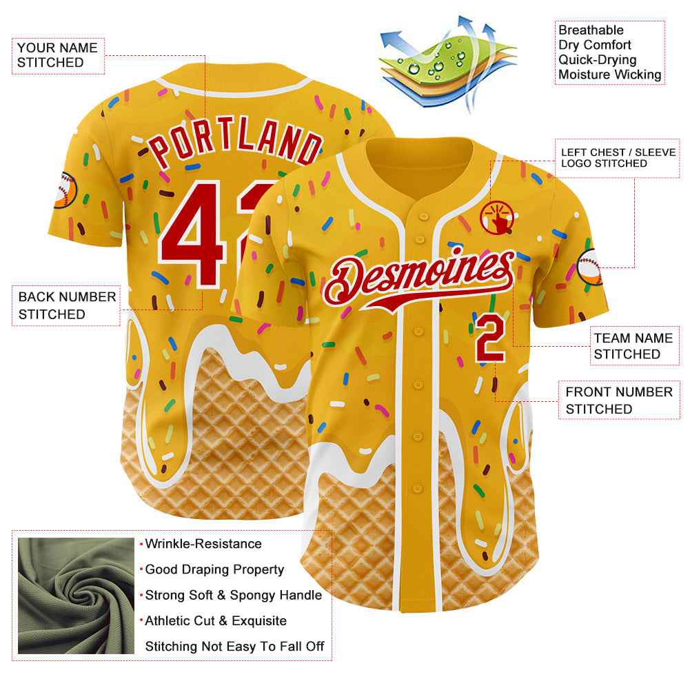 Custom Gold Red-White Ice Cream Waffle Foodie Dessert Authentic Baseball Jersey