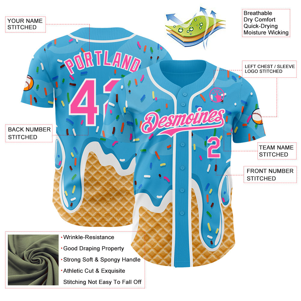 Custom Sky Blue Pink-White Ice Cream Waffle Foodie Dessert Authentic Baseball Jersey