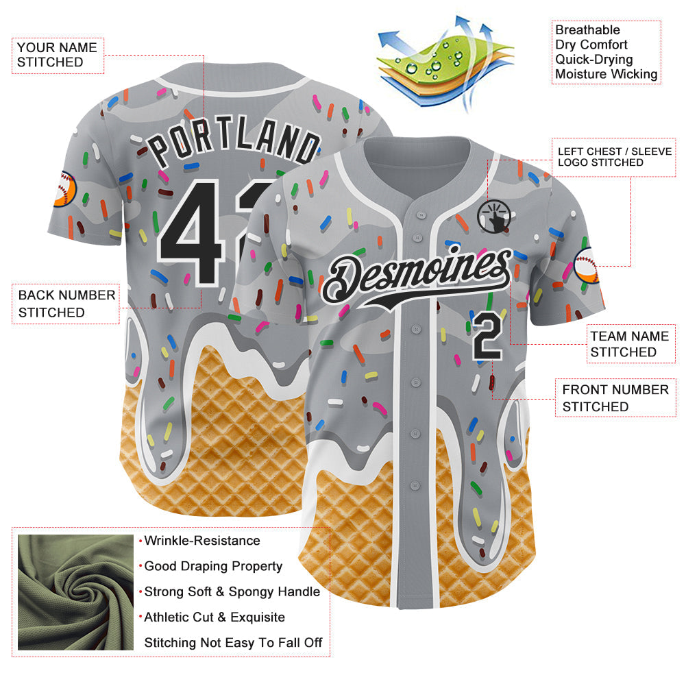 Custom Gray Black-White Ice Cream Waffle Foodie Dessert Authentic Baseball Jersey