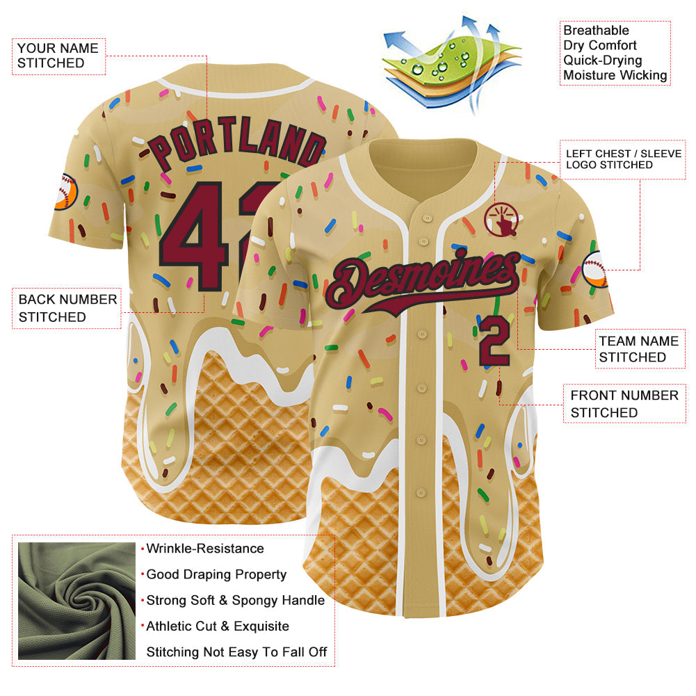 Custom Sand Crimson Black-White Ice Cream Waffle Foodie Dessert Authentic Baseball Jersey