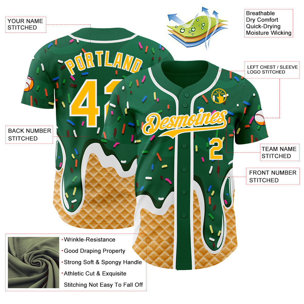 Custom Kelly Green Gold-White Ice Cream Waffle Foodie Dessert Authentic Baseball Jersey