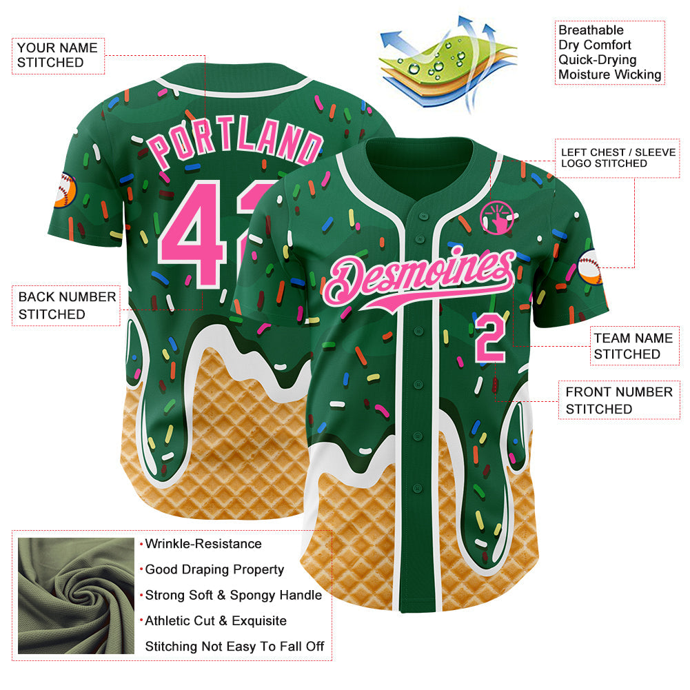 Custom Kelly Green Pink-White Ice Cream Waffle Foodie Dessert Authentic Baseball Jersey