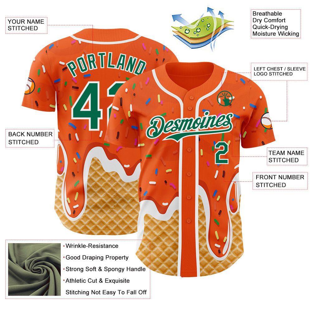 Custom Orange Kelly Green-White Ice Cream Waffle Foodie Dessert Authentic Baseball Jersey