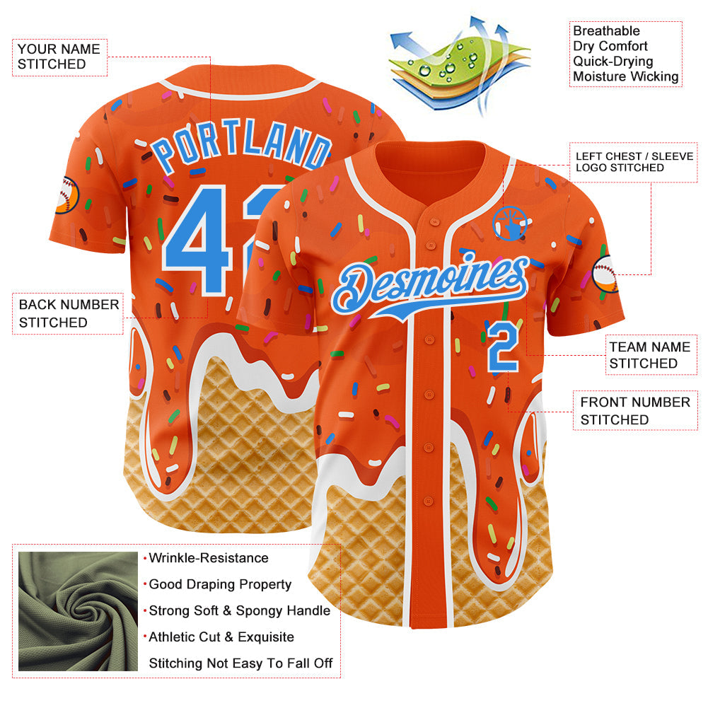 Custom Orange Electric Blue-White Ice Cream Waffle Foodie Dessert Authentic Baseball Jersey