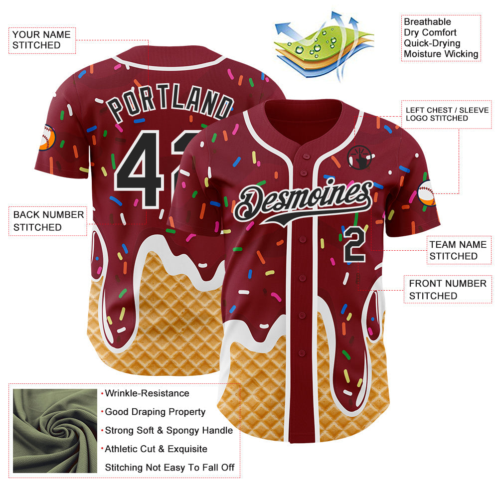 Custom Crimson Black-White Ice Cream Waffle Foodie Dessert Authentic Baseball Jersey