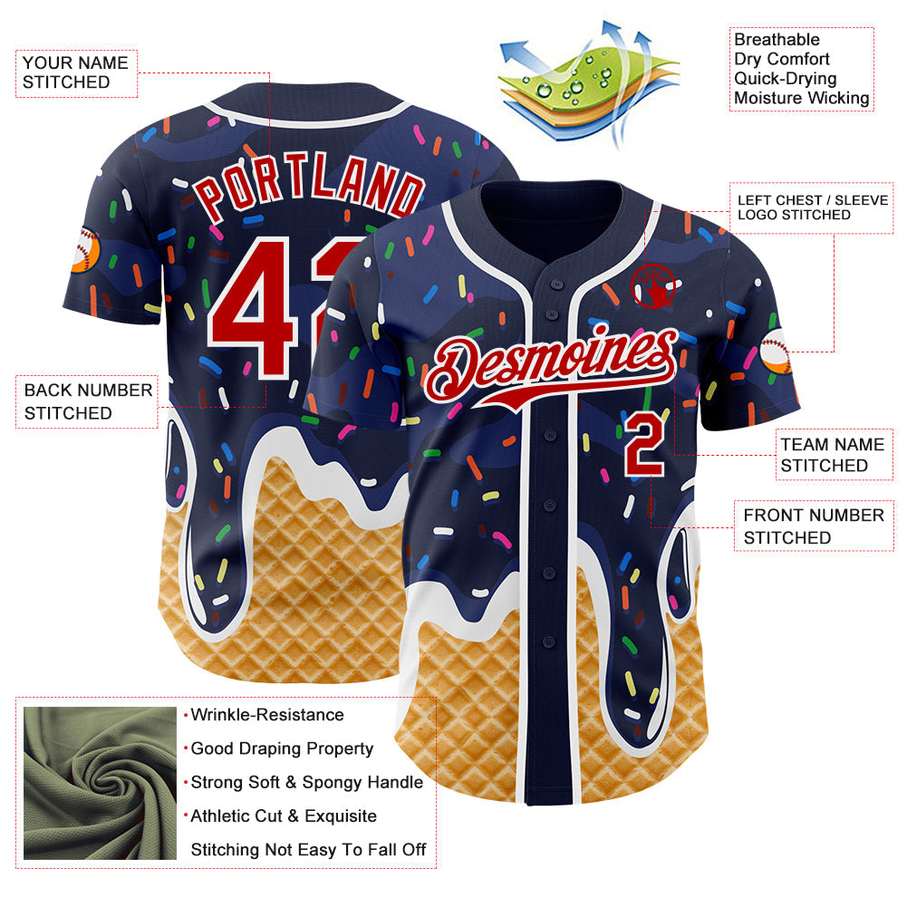 Custom Navy Red-White Ice Cream Waffle Foodie Dessert Authentic Baseball Jersey