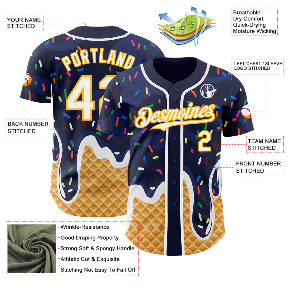 Custom Navy White-Gold Ice Cream Waffle Foodie Dessert Authentic Baseball Jersey