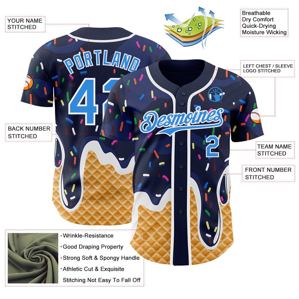 Custom Navy Electric Blue-White Ice Cream Waffle Foodie Dessert Authentic Baseball Jersey