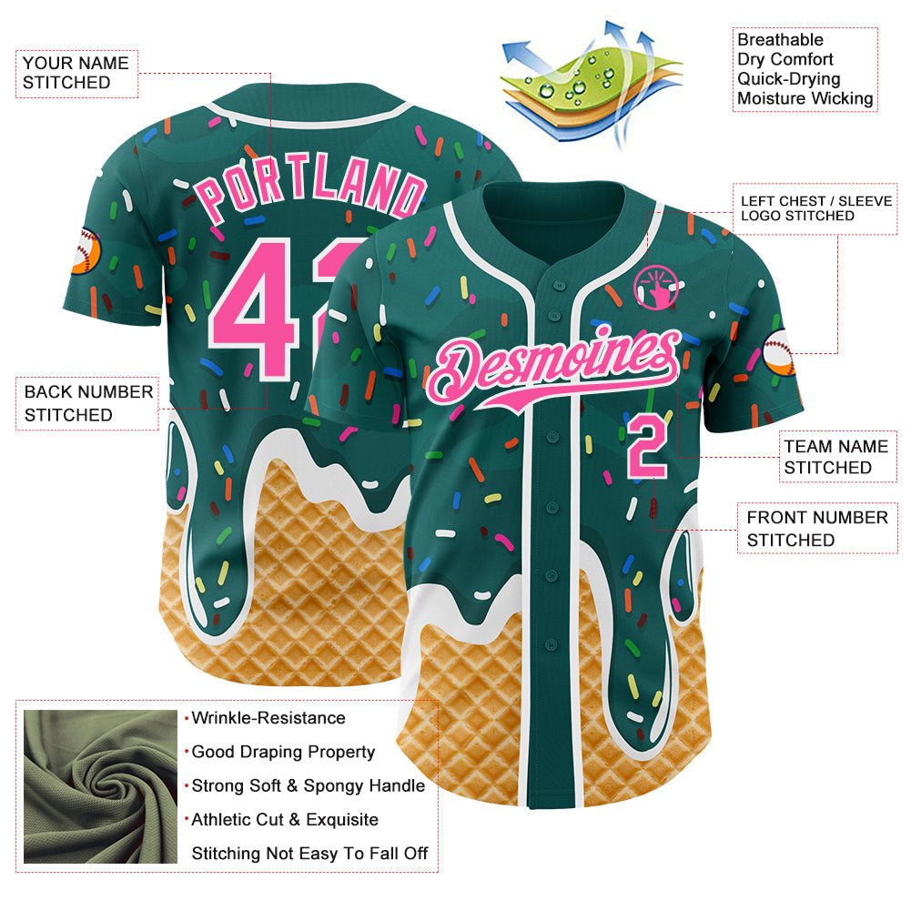 Custom Teal Pink-White Ice Cream Waffle Foodie Dessert Authentic Baseball Jersey