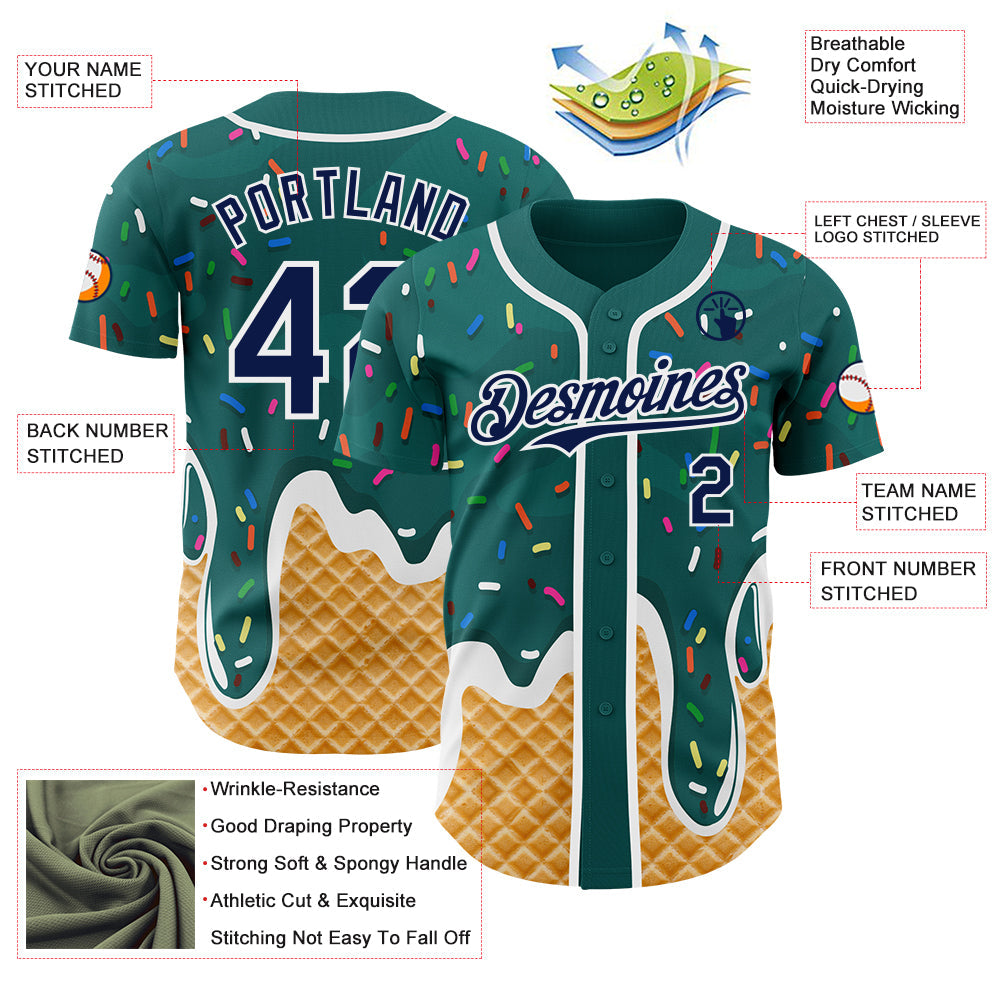 Custom Teal Navy-White Ice Cream Waffle Foodie Dessert Authentic Baseball Jersey