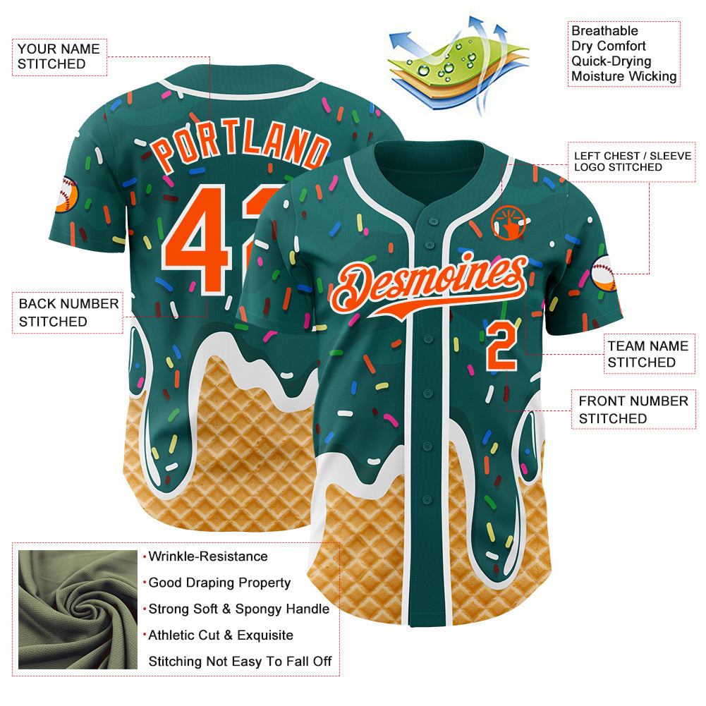 Custom Teal Orange-White Ice Cream Waffle Foodie Dessert Authentic Baseball Jersey