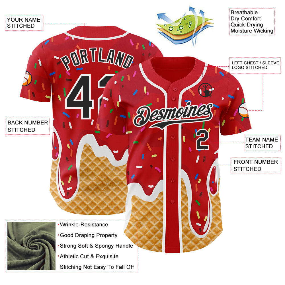 Custom Red Black-White Ice Cream Waffle Foodie Dessert Authentic Baseball Jersey