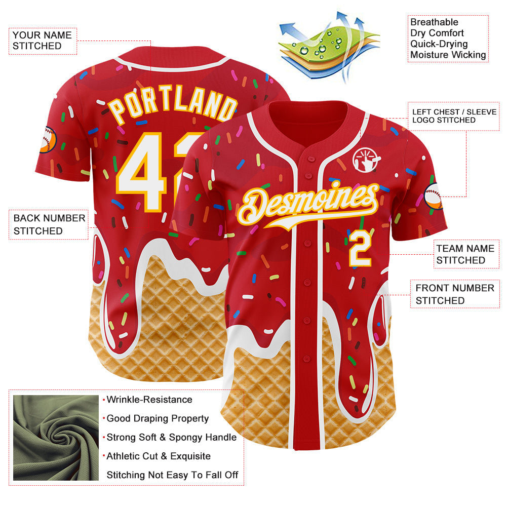 Custom Red White-Gold Ice Cream Waffle Foodie Dessert Authentic Baseball Jersey