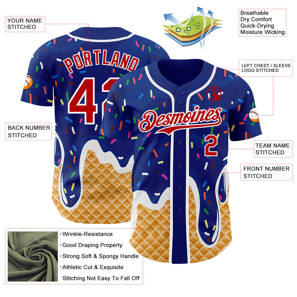 Custom Royal Red-White Ice Cream Waffle Foodie Dessert Authentic Baseball Jersey