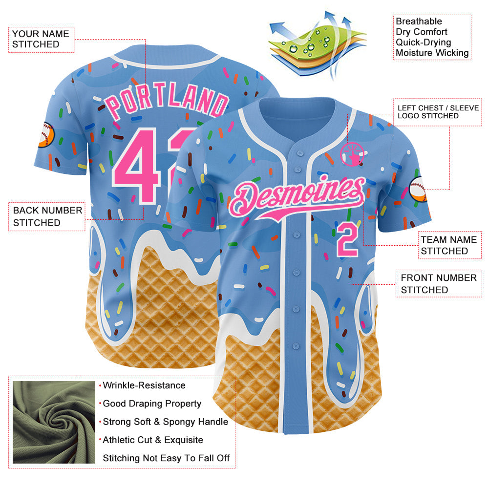Custom Light Blue Pink-White Ice Cream Waffle Foodie Dessert Authentic Baseball Jersey