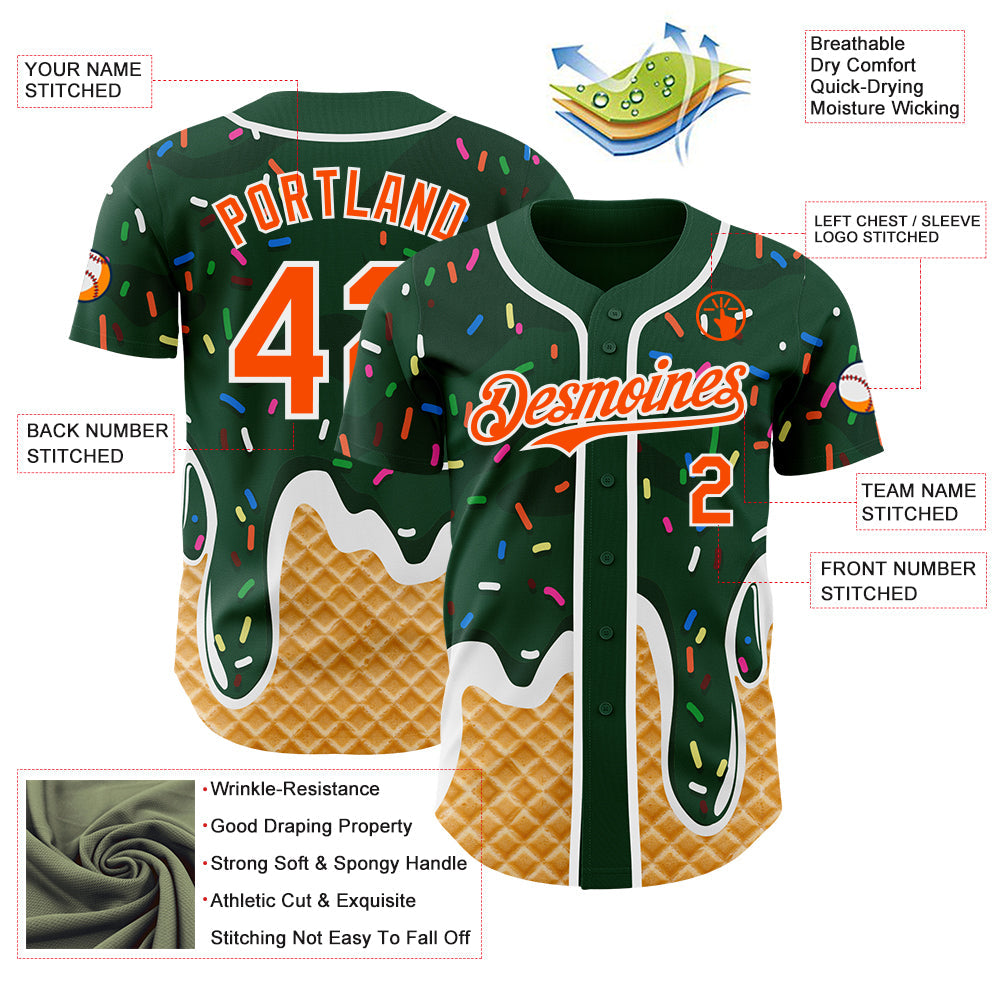 Custom Green Orange-White Ice Cream Waffle Foodie Dessert Authentic Baseball Jersey