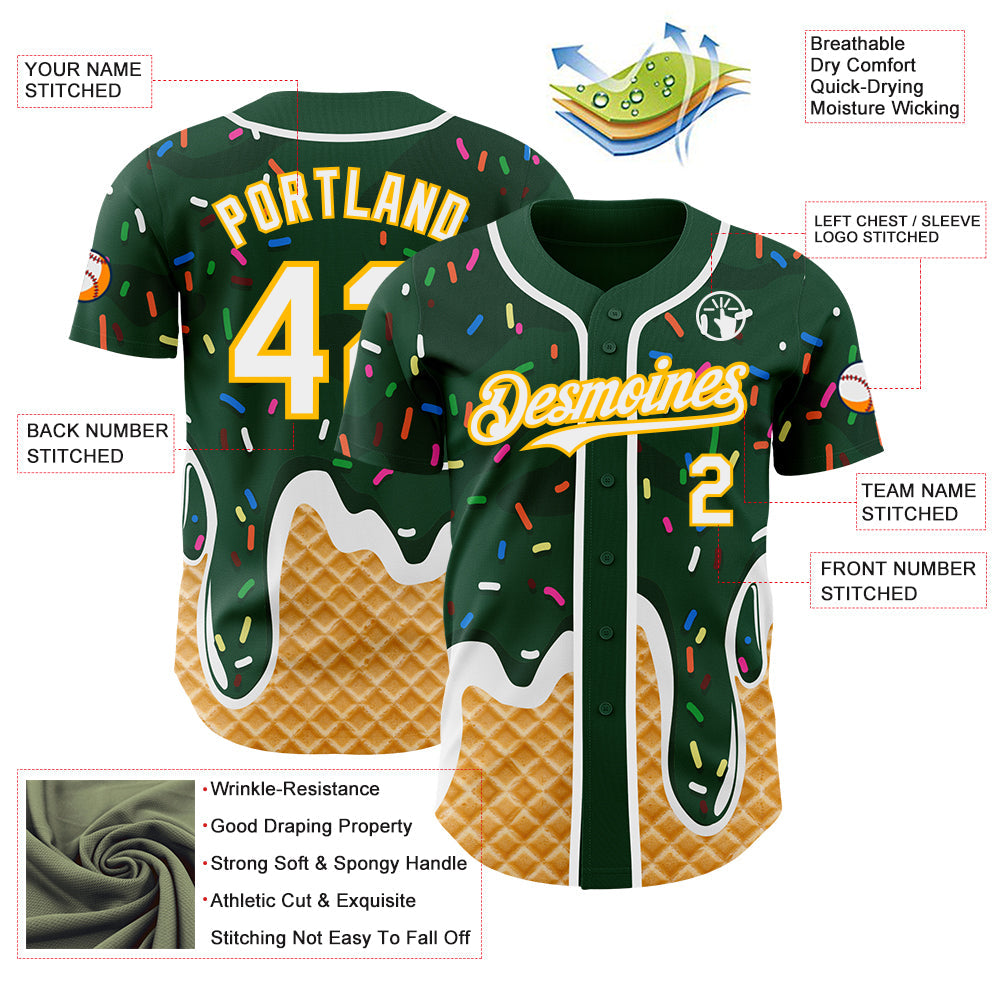 Custom Green White-Gold Ice Cream Waffle Foodie Dessert Authentic Baseball Jersey