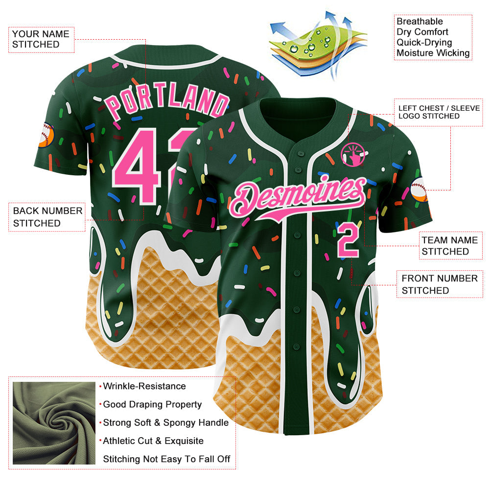 Custom Green Pink-White Ice Cream Waffle Foodie Dessert Authentic Baseball Jersey