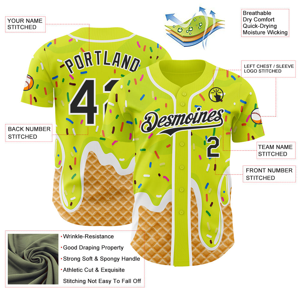Custom Neon Yellow Black-White Ice Cream Waffle Foodie Dessert Authentic Baseball Jersey