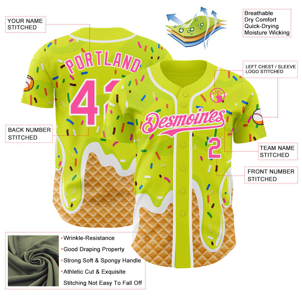 Custom Neon Yellow Pink-White Ice Cream Waffle Foodie Dessert Authentic Baseball Jersey