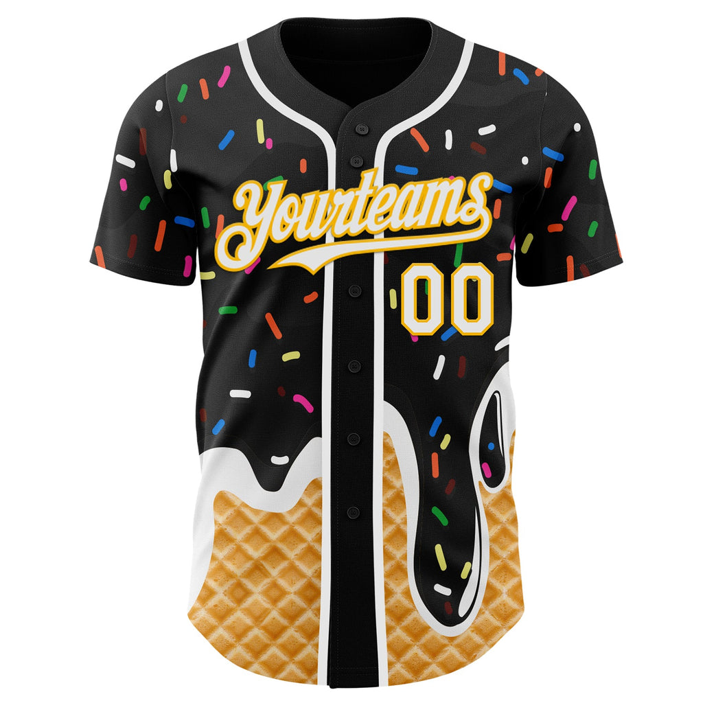 Custom Black White-Gold Ice Cream Waffle Foodie Dessert Authentic Baseball Jersey