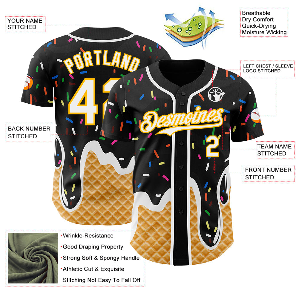Custom Black White-Gold Ice Cream Waffle Foodie Dessert Authentic Baseball Jersey