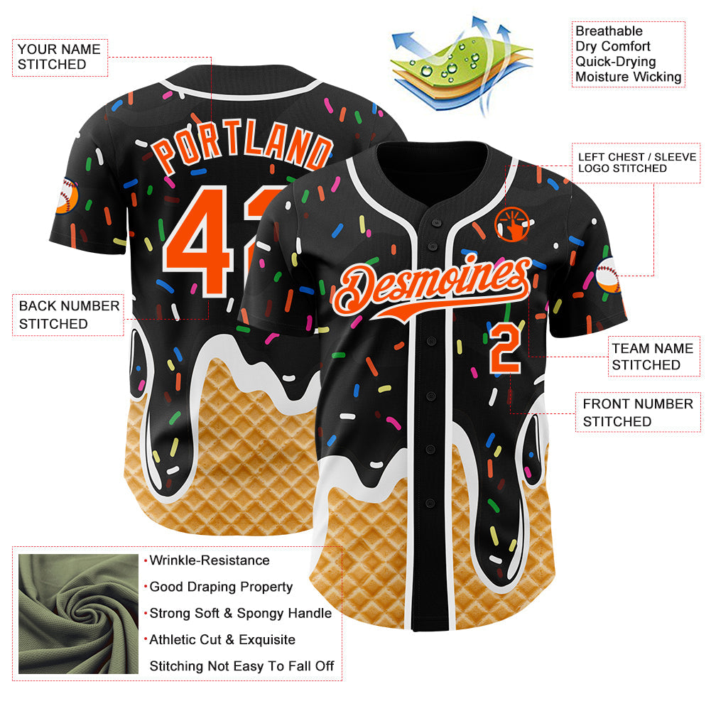 Custom Black Orange-White Ice Cream Waffle Foodie Dessert Authentic Baseball Jersey