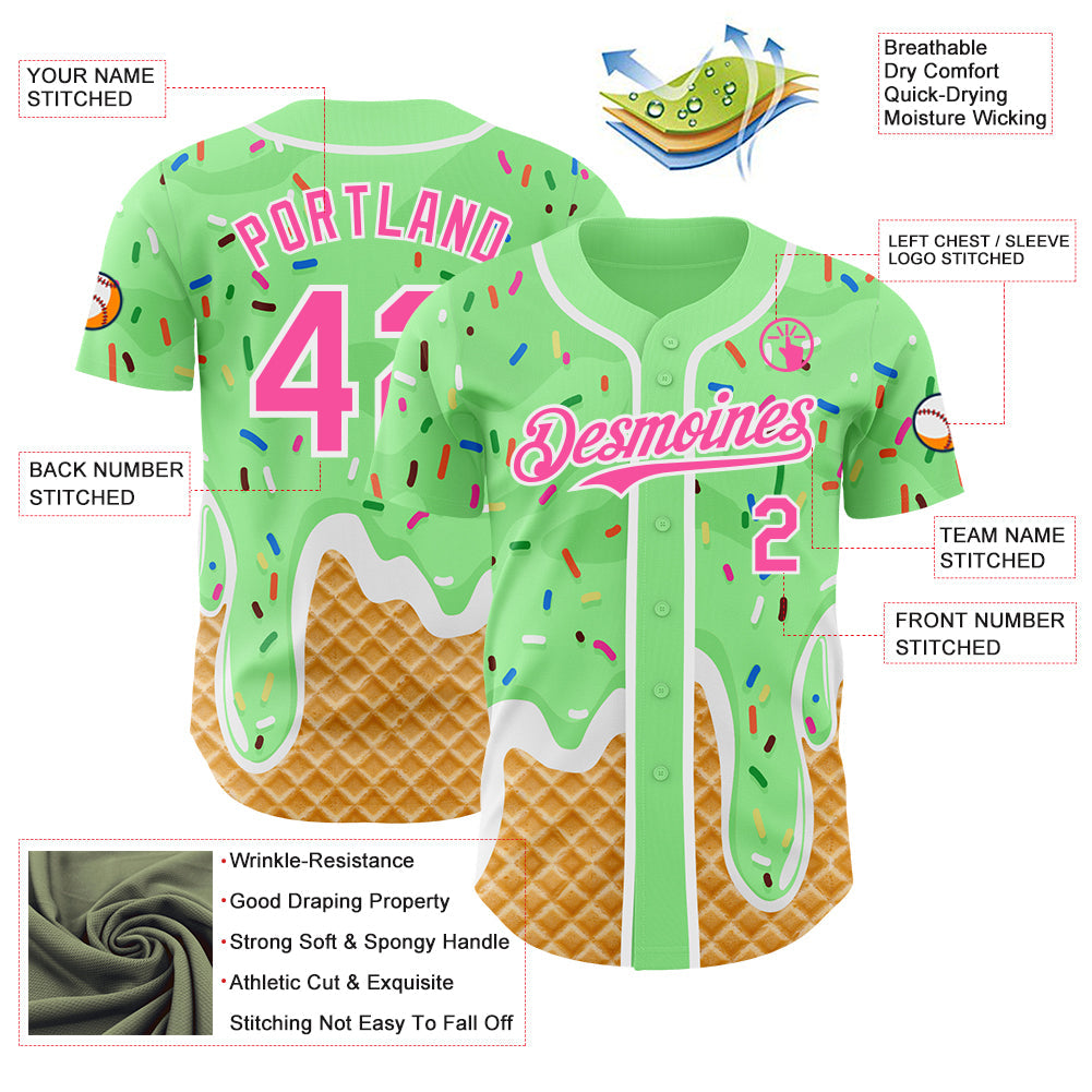 Custom Pea Green Pink-White Ice Cream Waffle Foodie Dessert Authentic Baseball Jersey