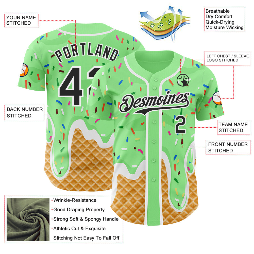 Custom Pea Green Black-White Ice Cream Waffle Foodie Dessert Authentic Baseball Jersey