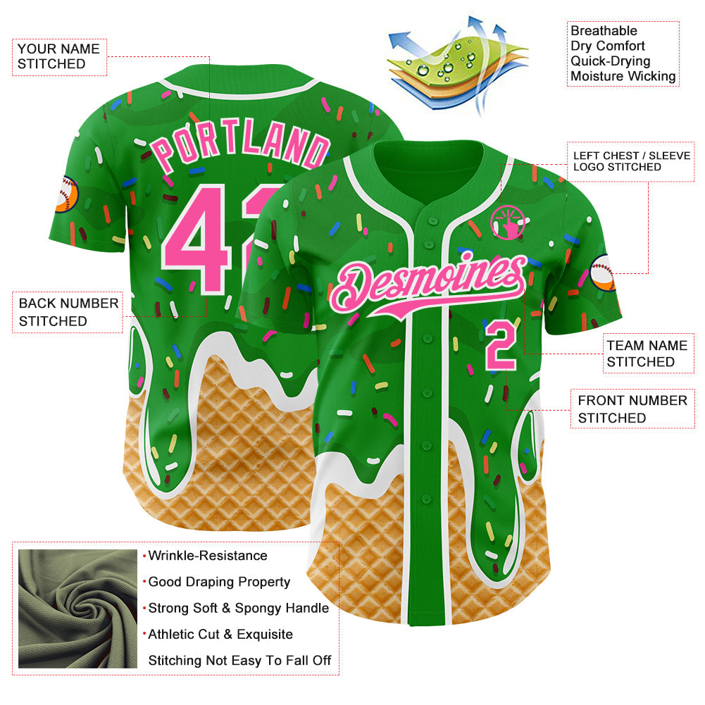 Custom Grass Green Pink-White Ice Cream Waffle Foodie Dessert Authentic Baseball Jersey