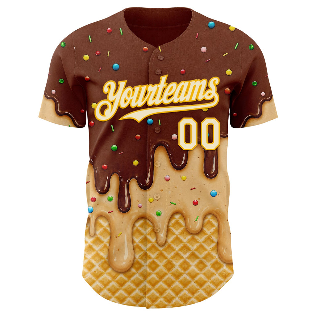 Custom Brown Cream-Gold Ice Cream Waffle Foodie Dessert Authentic Baseball Jersey