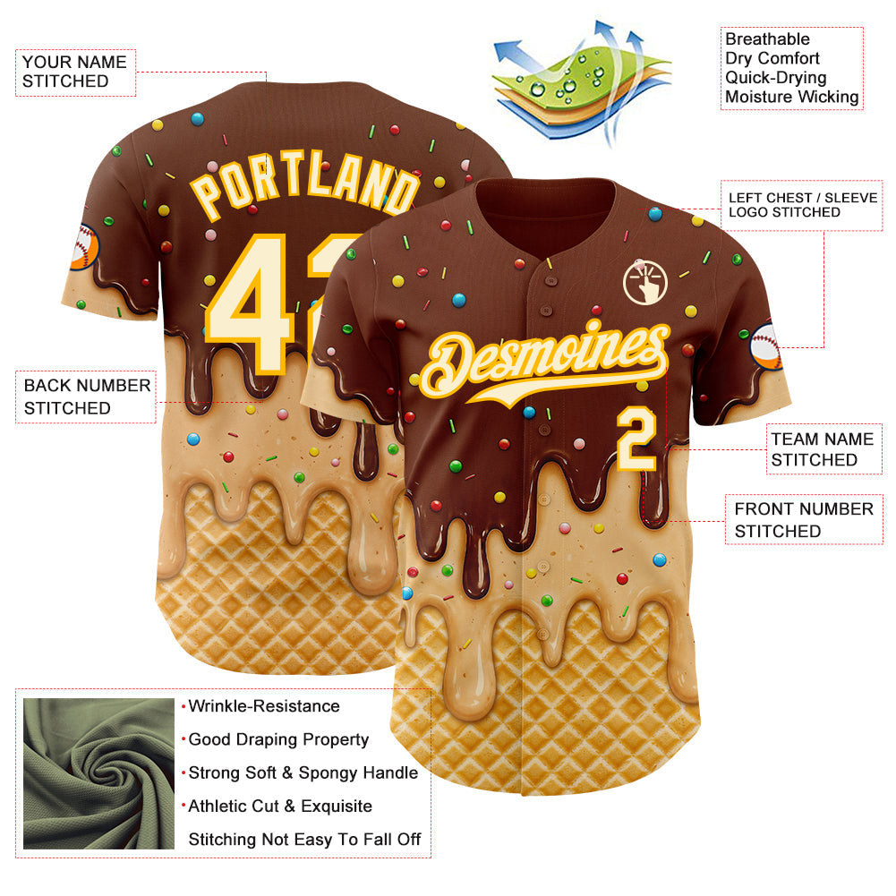 Custom Brown Cream-Gold Ice Cream Waffle Foodie Dessert Authentic Baseball Jersey