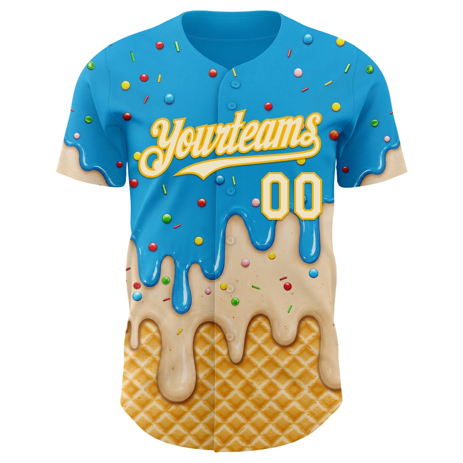 Custom Sky Blue Cream-Gold Ice Cream Waffle Foodie Dessert Authentic Baseball Jersey