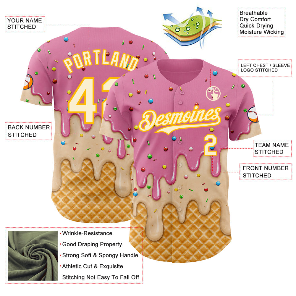 Custom Light Pink Cream-Gold Ice Cream Waffle Foodie Dessert Authentic Baseball Jersey