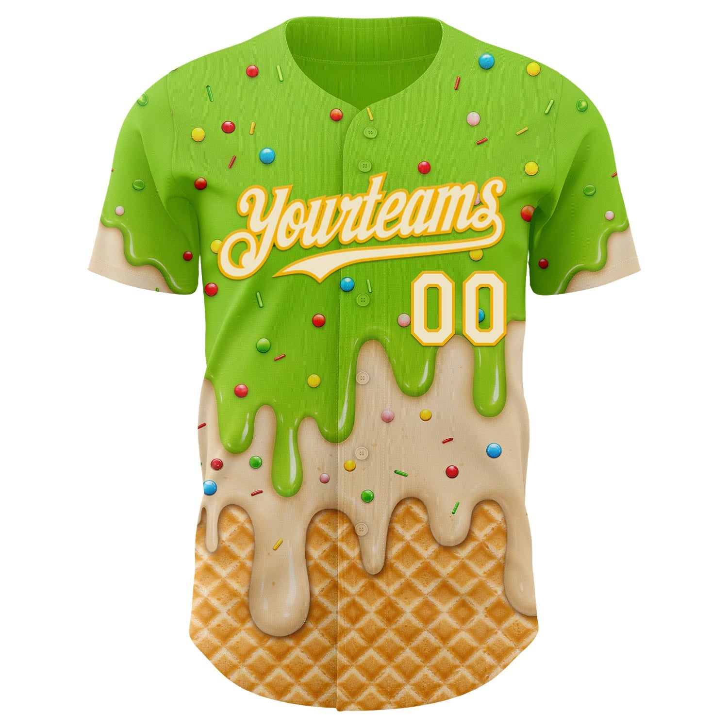 Custom Neon Green Cream-Gold Ice Cream Waffle Foodie Dessert Authentic Baseball Jersey