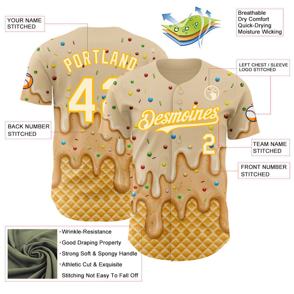 Custom Cream-Gold Ice Cream Waffle Foodie Dessert Authentic Baseball Jersey