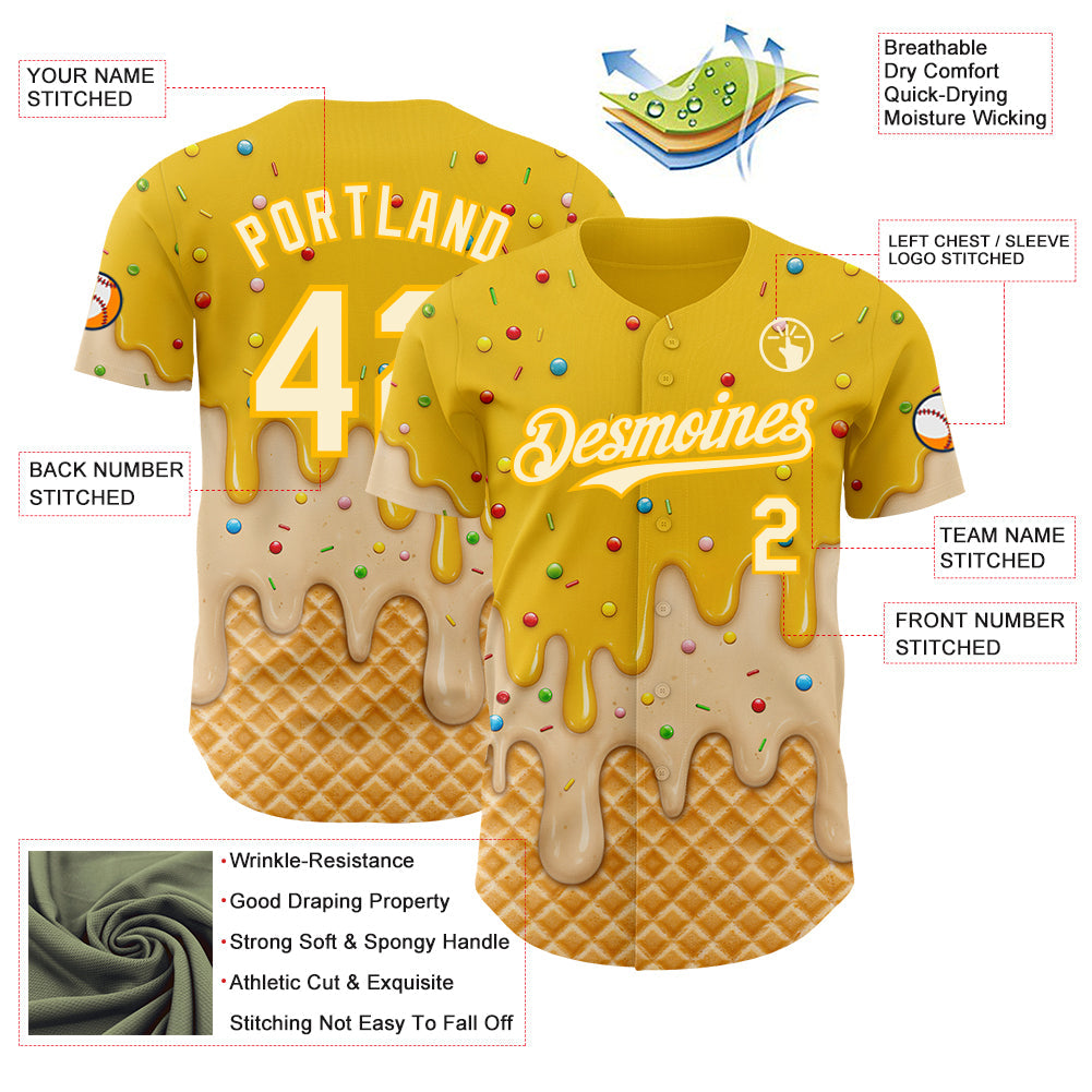 Custom Yellow Cream-Gold Ice Cream Waffle Foodie Dessert Authentic Baseball Jersey