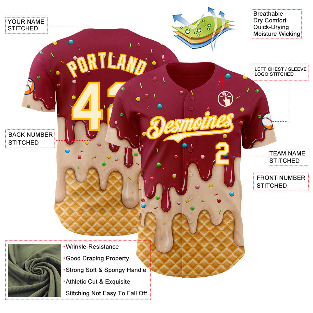 Custom Maroon Cream-Gold Ice Cream Waffle Foodie Dessert Authentic Baseball Jersey