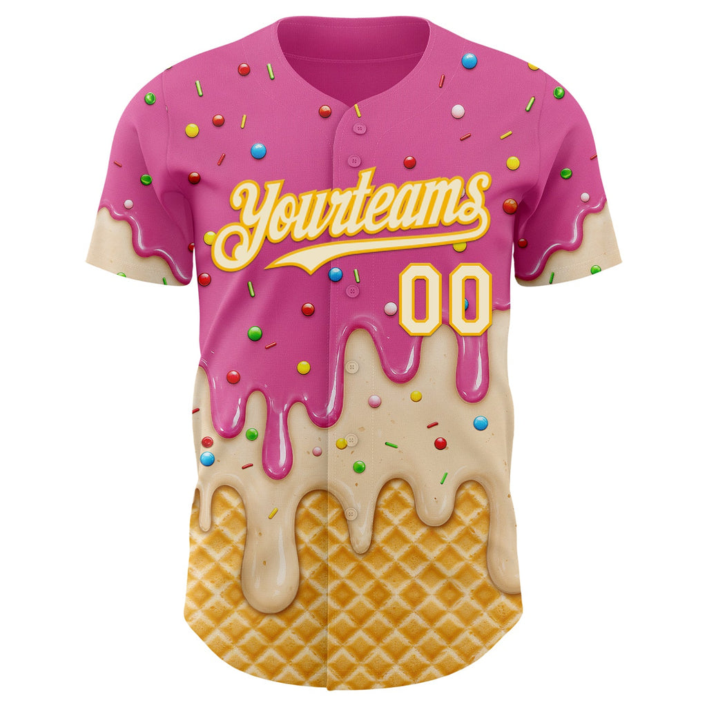 Custom Pink Cream-Gold Ice Cream Waffle Foodie Dessert Authentic Baseball Jersey