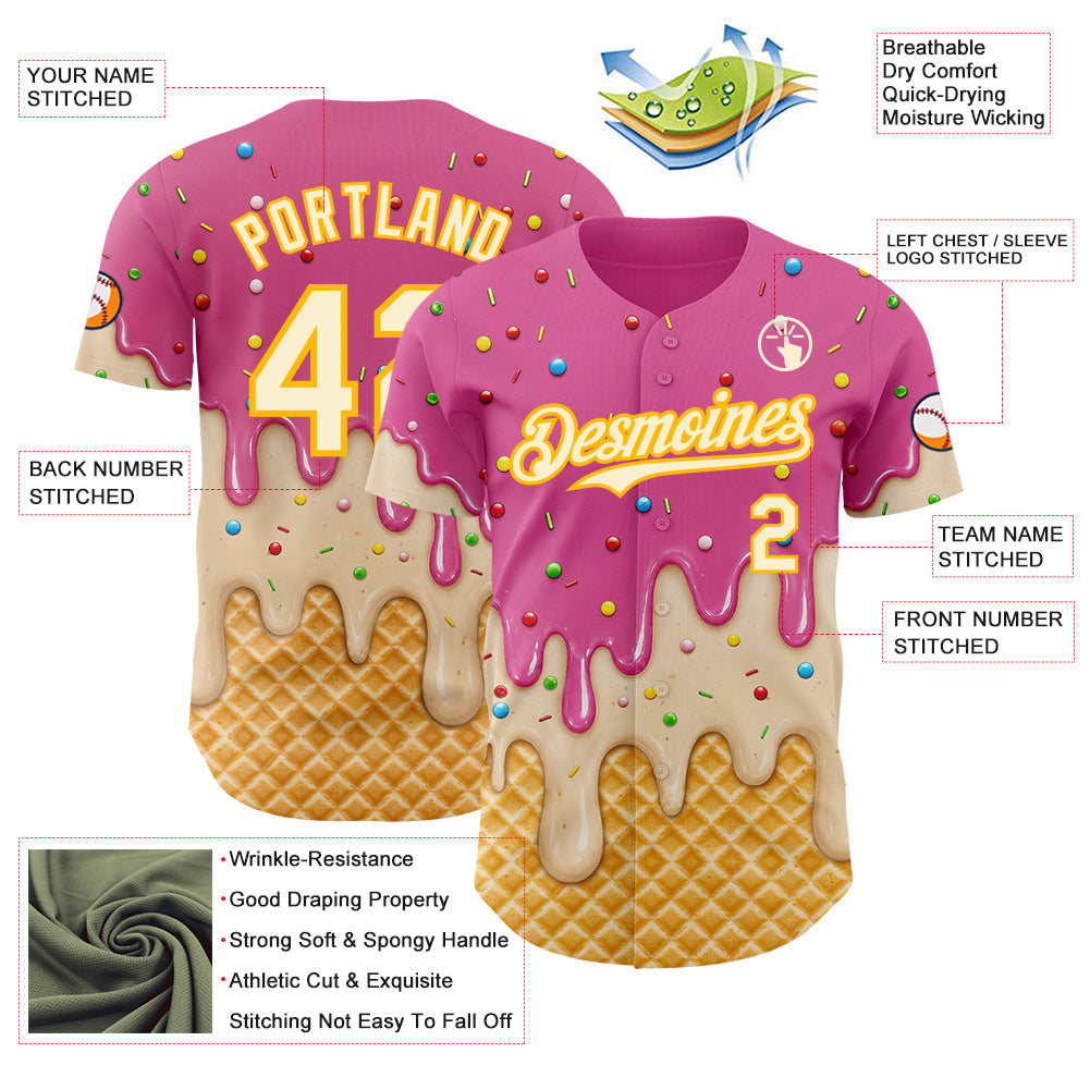 Custom Pink Cream-Gold Ice Cream Waffle Foodie Dessert Authentic Baseball Jersey