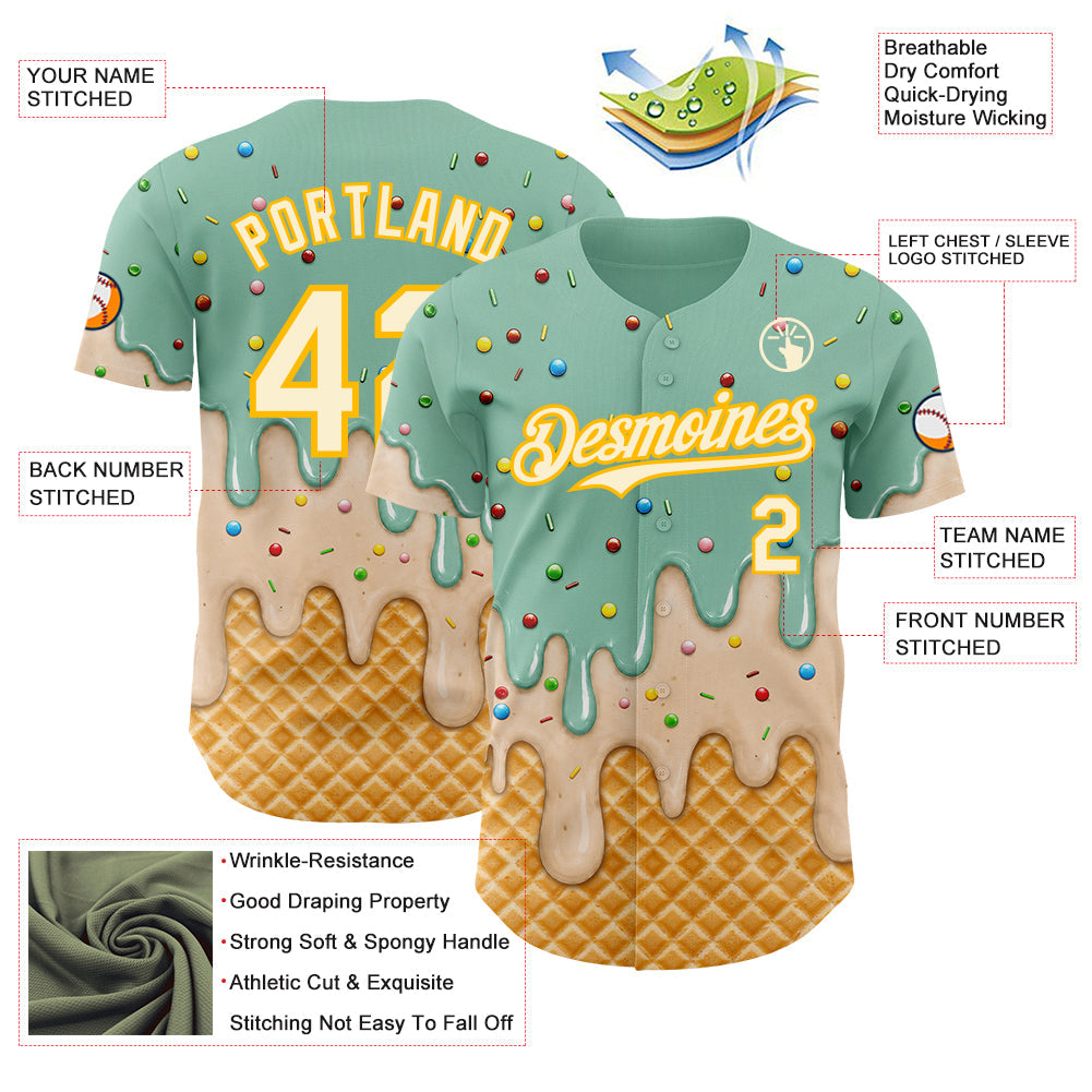 Custom Ice Blue Cream-Gold Ice Cream Waffle Foodie Dessert Authentic Baseball Jersey