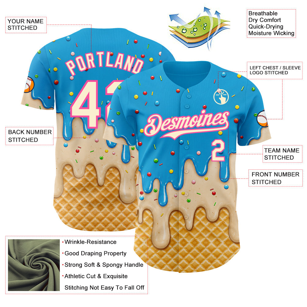 Custom Sky Blue Cream-Pink Ice Cream Waffle Foodie Dessert Authentic Baseball Jersey