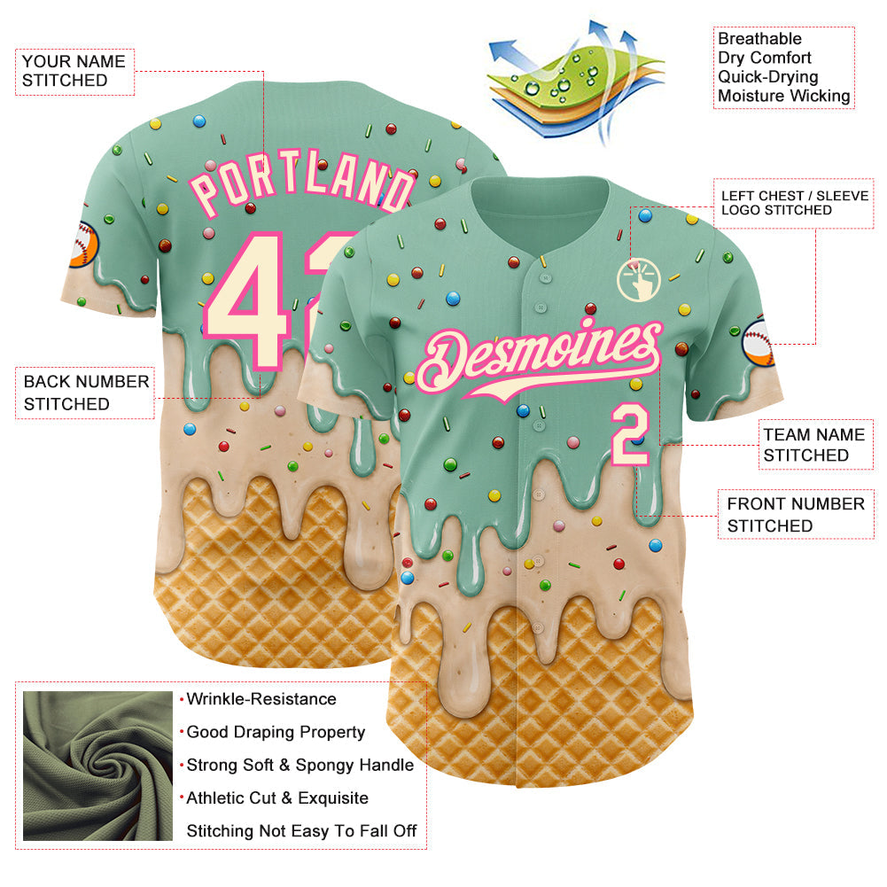 Custom Ice Blue Cream-Pink Ice Cream Waffle Foodie Dessert Authentic Baseball Jersey
