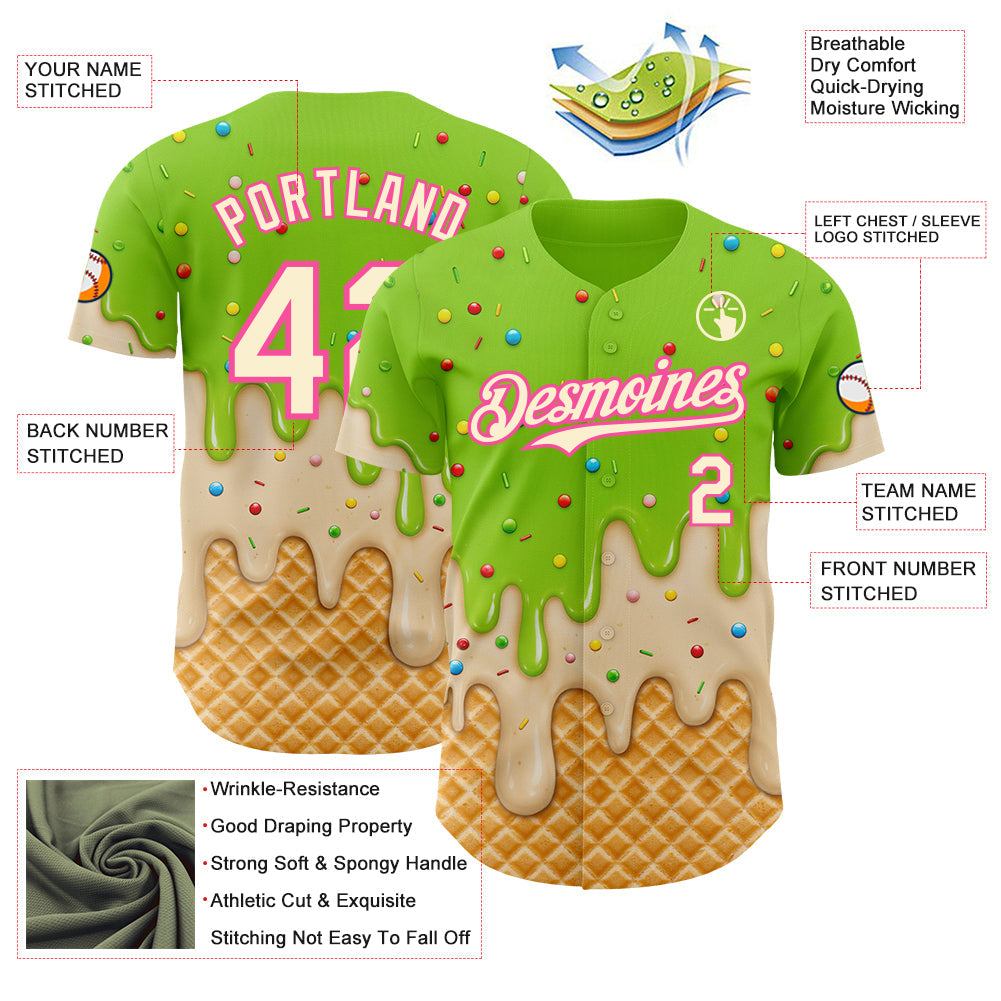 Custom Neon Green Cream-Pink Ice Cream Waffle Foodie Dessert Authentic Baseball Jersey