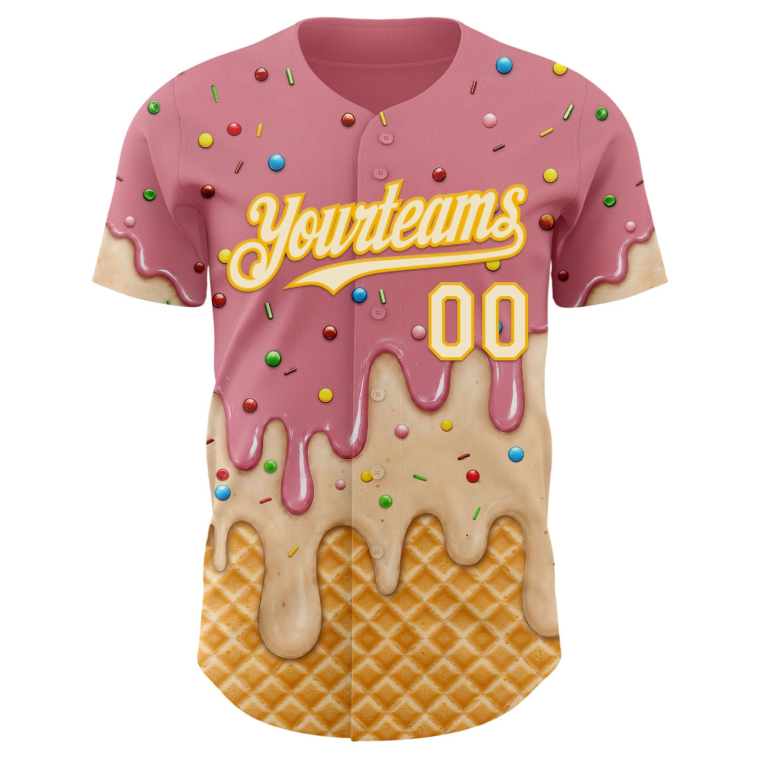 Custom Medium Pink Cream-Gold Ice Cream Waffle Foodie Dessert Authentic Baseball Jersey