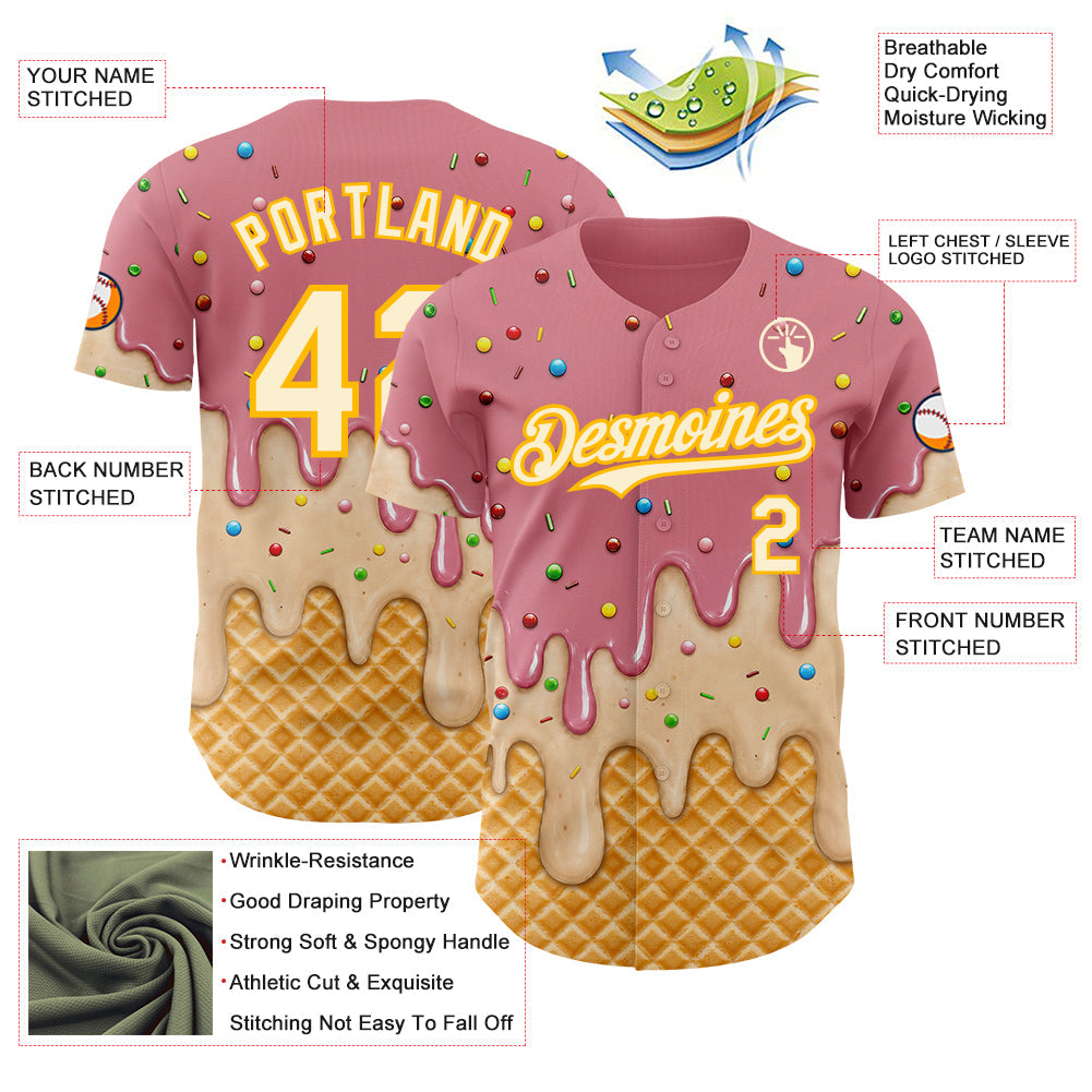 Custom Medium Pink Cream-Gold Ice Cream Waffle Foodie Dessert Authentic Baseball Jersey