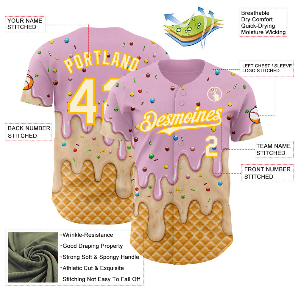 Custom Light Pink Cream-Gold Ice Cream Waffle Foodie Dessert Authentic Baseball Jersey