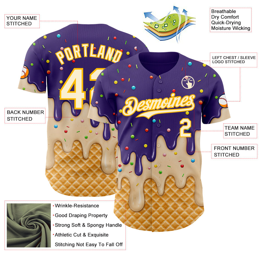 Custom Purple Cream-Gold Ice Cream Waffle Foodie Dessert Authentic Baseball Jersey