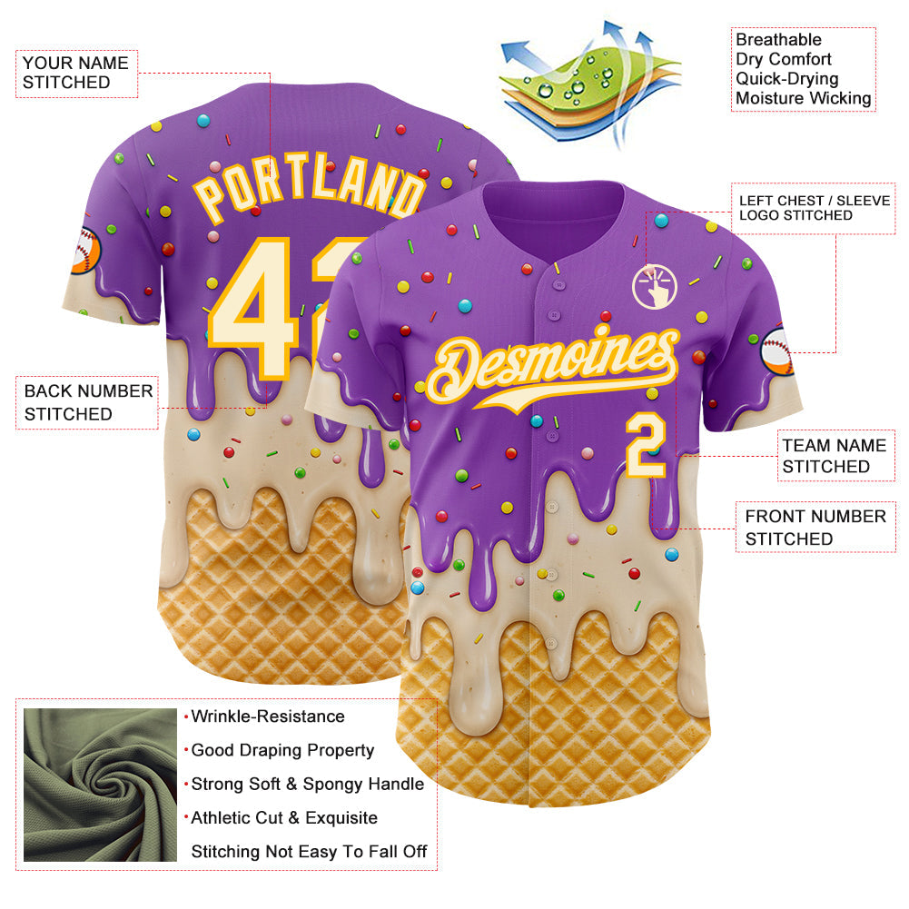 Custom Medium Purple Cream-Gold Ice Cream Waffle Foodie Dessert Authentic Baseball Jersey