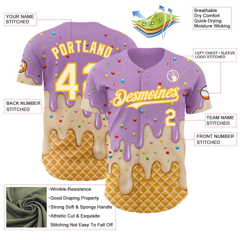 Custom Light Purple Cream-Gold Ice Cream Waffle Foodie Dessert Authentic Baseball Jersey